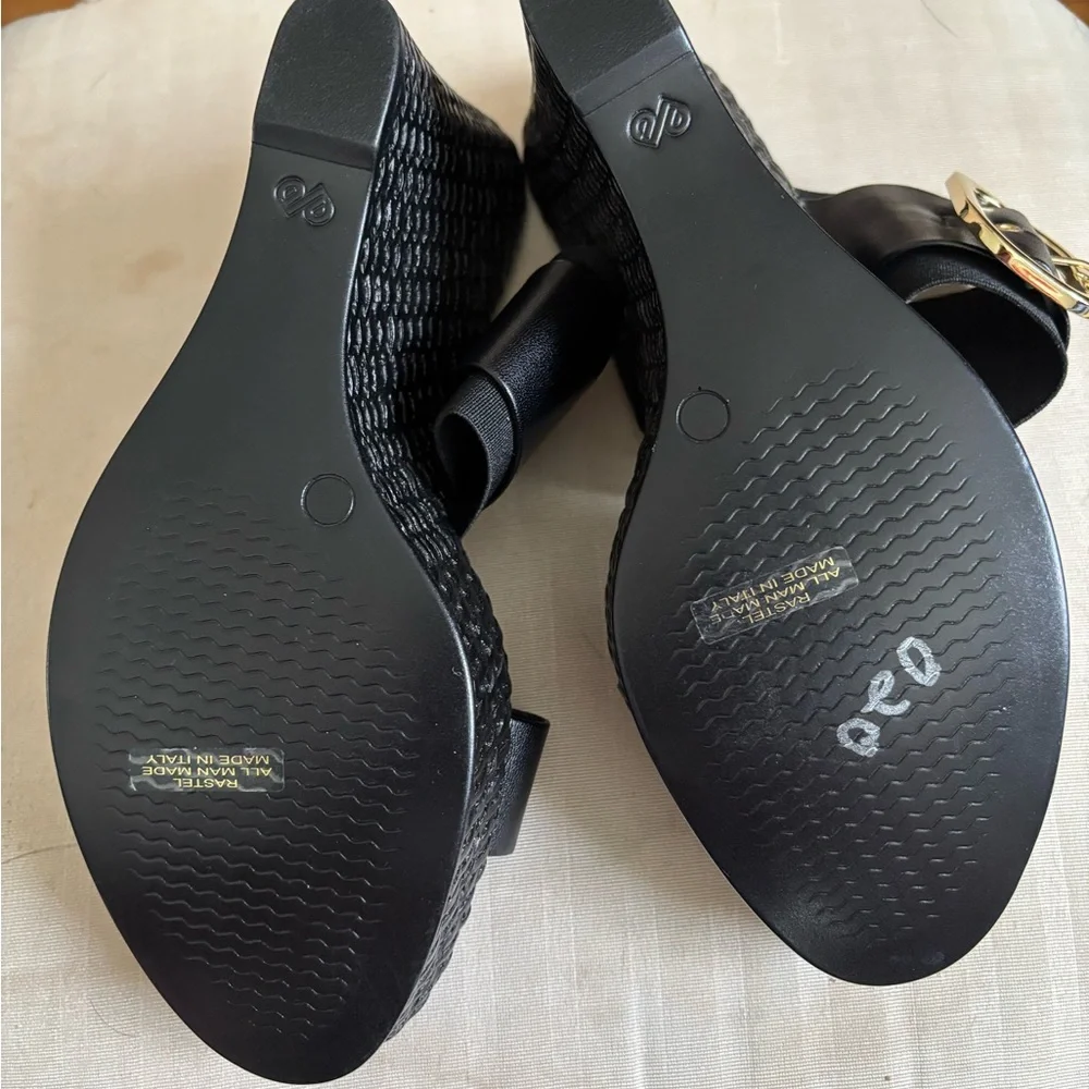 Black Leather Platform Wedge Sandals with Gold Buckle
